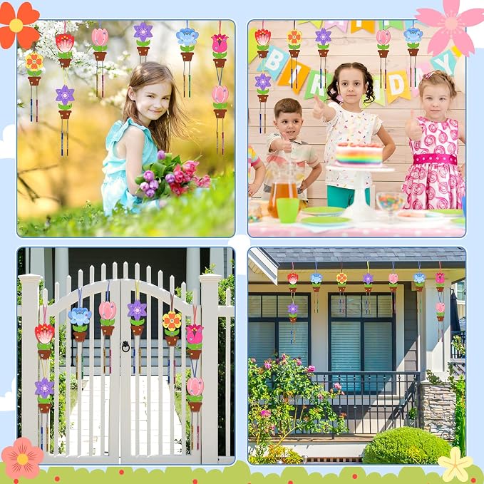 Fennoral 12 Pack Flower Wind Chime Craft for Kids Make You Own Flower Wind Chimes Ornaments DIY Coloring Wooden Art and Craft for Summer Classroom Art Activities Birthday Decorations