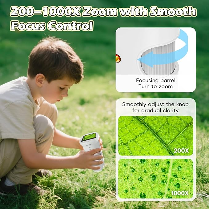 Alotwan Kids Microscope Handheld, Digital 1000X Zoom Pocket Microscope | HD Camera Photo/Video Recording, Educational Science Kit, STEM Toys for Boys & Girls 3-8 Years, Birthday & Christmas Gift
