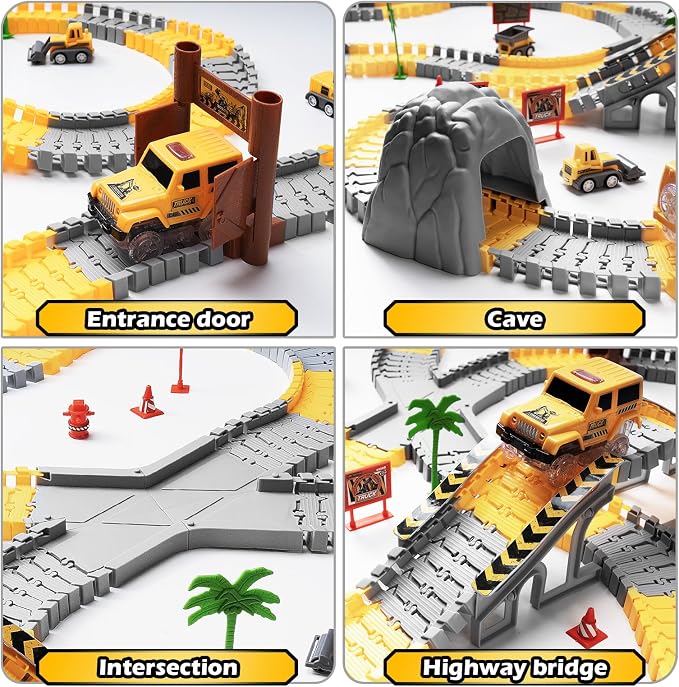 264 PCS Construction Race Tracks for Kids Toys, Flexible DIY Track Set | Glow in The Dark Magic Toy Set, 2 Light Up Cars Track, 3 Construction Cars, Birthday Gift for Age 3-9 Boys Toddler Girls