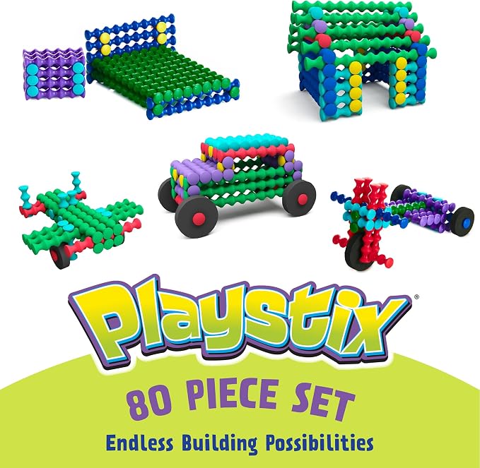 POPULAR PLAYTHINGS Playstix, Starter Set 80 Piece, Building Sticks Kit | for Kids Ages 4 and Up, Construction Stem Building Toy Gift, for Boys & Girls, for Kids