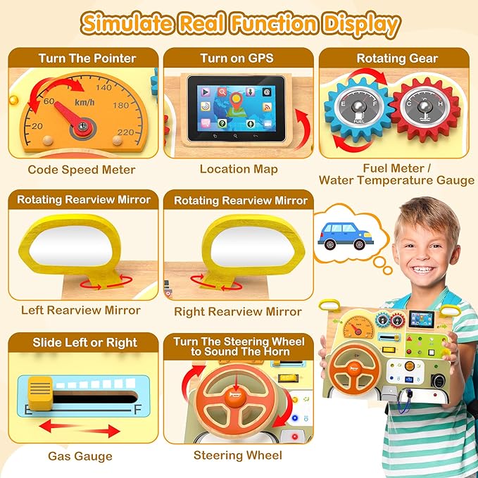 Montessori Wooden Busy Board, Toddler Sensory Travel Toy with Light Switch | Educational Learning Activity Toy, Fine Motor Skills Game for Kids, Gifts for Toddlers Age 3 4 5 6+ Years Old