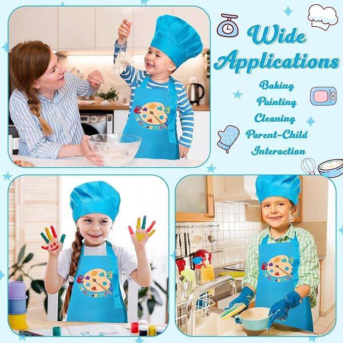 R HORSE 2 Pieces Kid Apron and Chef Hat Set, Dress up Pretend Play Toy | Blue Little Artist Adjustable Children Kitchen Apron with Pockets Set, Ideal for Painting, Cooking, Baking, Birthday Gift