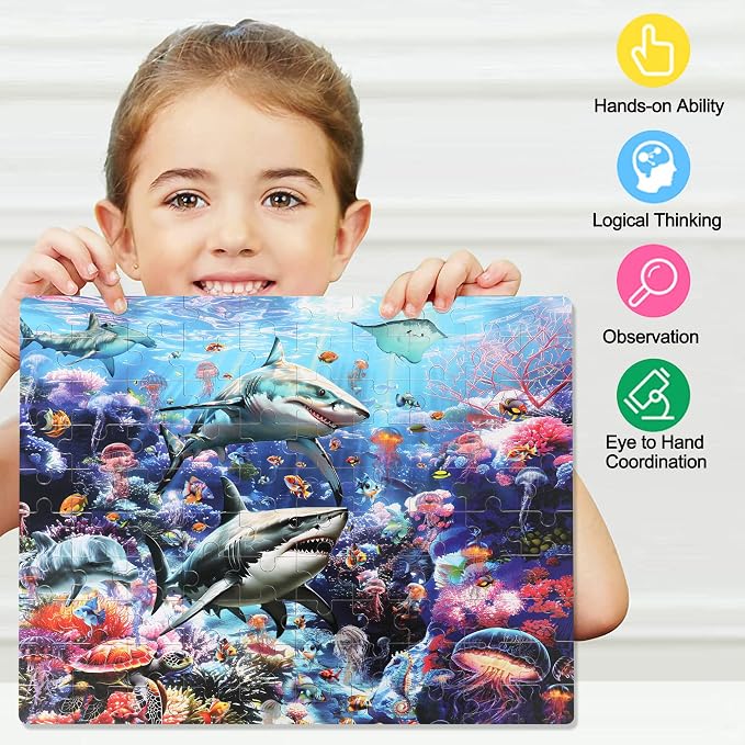 LELEMON Puzzles for Kids Ages 4-6 6-8 8-10 100 Pieces Jigsaw Puzzles for Kids Underwater World Ocean Learning Educational Puzzles Portable Box Pack Toy for Boys and Girls