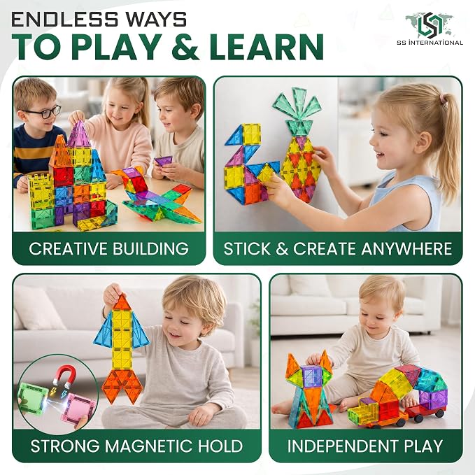 Magnetic Tiles 100 Pcs with 2 Cars STEM Building Blocks Toys for Kids 3+ | 100-piece magnetic building tile set with 2 cars for STEM, open-ended play, and kindergarten classroom learning fun