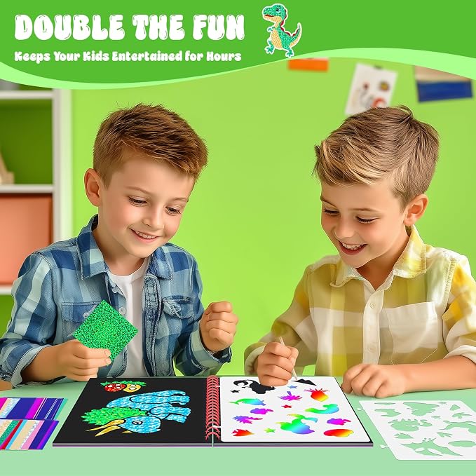 homicozy Art & Craft Activity for Kids - Foil Fun Dinosaurs & Scratch Art Book 2-in-1, No Mess Art Crafts for boys,DIY Creative Activity Kit,Gifts for Boys and Girls Ages 4, 5, 6, 7, 8, 9, Travel Toys