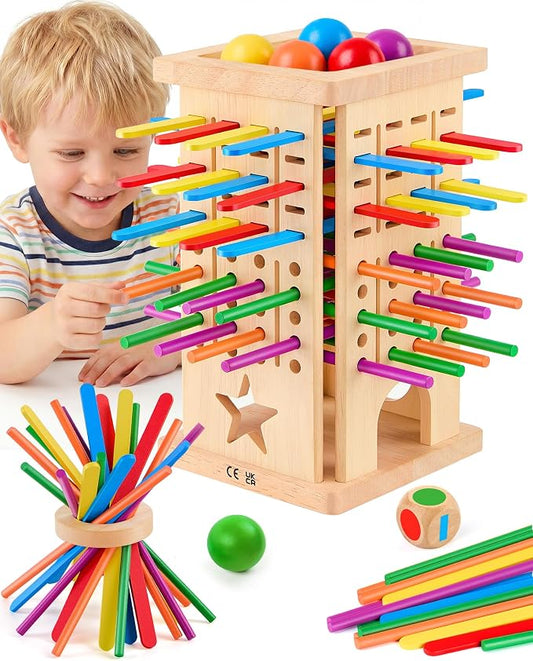 Montessori Wooden Board Game for Kids 3–8 Fine Motor Skills Toy Learning | 21 sticks & 21 strips, 2 play modes, cognitive growth & color matching — CPC-certified rubberwood, safe gift boys girls 3–8