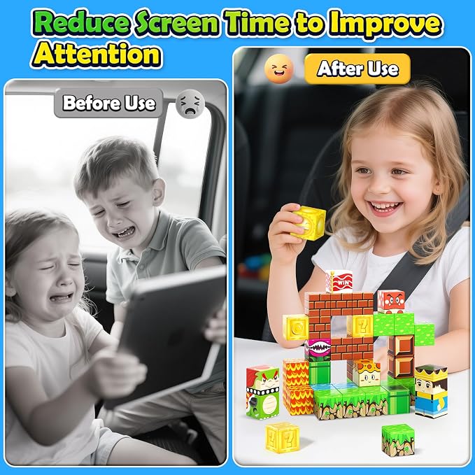 Soyee Magnetic Blocks Travel Toys with Portable Metal Tin - STEM Magnet Building Blocks Toddler Kids Toys for 3 4 5 6 7 8 Year Old Boys & Girls Xmas Birthday Gifts Stocking Stuffers Party Favor