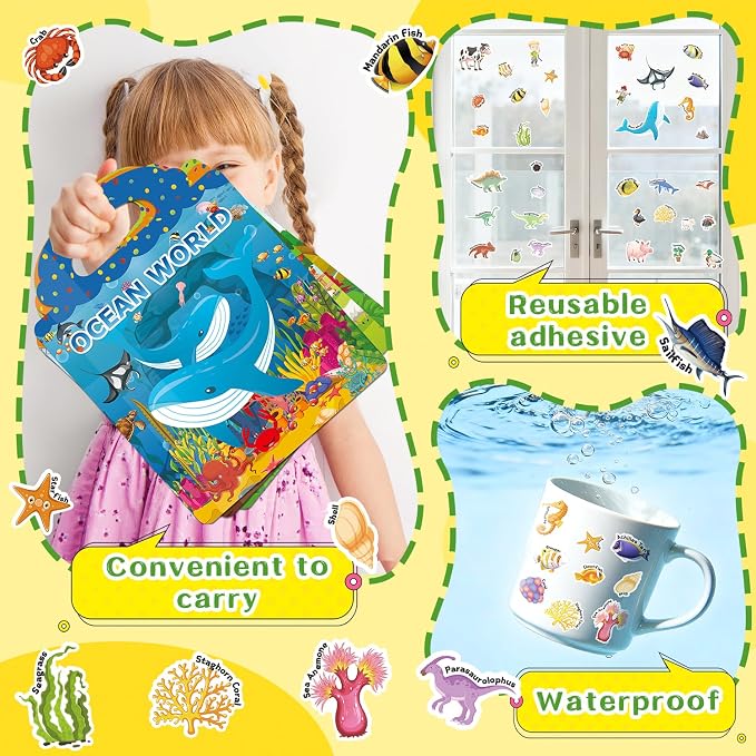 Reusable Jelly Sticker Books, Large Sticker Books for Toddlers, Stickers for Kids, Travel Toys for Children 3-6, Toddler Craft Activities, Birthday Gifts for Boys & Girls
