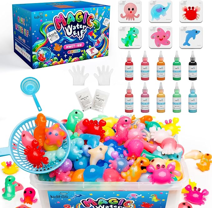 Kiditos Magic Water Elf Toy Kit,Squishies for Kids, DIY Sensory Craft Kit | 10 Gels & 6 Molds, Make Your Own Magic Water Pets, STEM Science Activity, Party Favors & Birthday Gifts for Kids Ages 3+