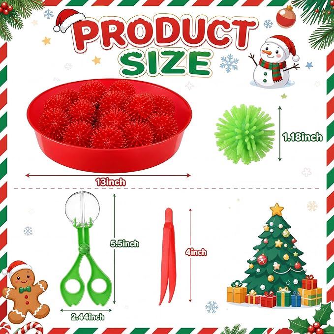 Leitee 71 Pcs Sensory Bin Filler,Red Green,Christmas | Hedge Balls Tweezers Clips Cups, Fine Skills Toys Set for Kids Counting Sorting, Sensory Bin Tools Preschool Learning