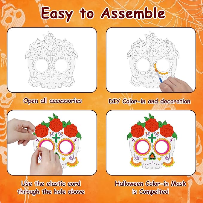 24 Pcs Day of The Dead Crafts for Kids DIY Coloring Halloween Masks | Color Your Own Skull Masks Dia de Los Muertos Party Games for Boys Girls School Classroom Craft Toys Cosplay Dress Up