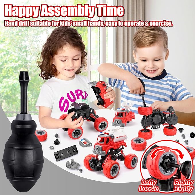 LUDILO Fire Trucks Toddlers 3-5 Take Apart Toys Gifts 3 4 5 Year Old Boys | 4PCS Kids DIY Assembly Firetruck/Electric Drill/Toddler Stem Building Fire Truck Toys 3 4 5 Year Old Boys Birthday Gift Xmas