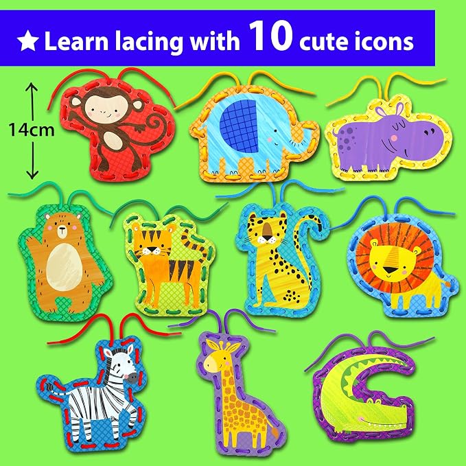 KRAFUN Safari Animal Lacing Cards Age 3+ | 10 Projects (Lion, Zebra) | 10 safari cards: Lion, Monkey, Elephant, Tiger, Giraffe, Hippo, Zebra & Bear. Fine motor skills for toddlers