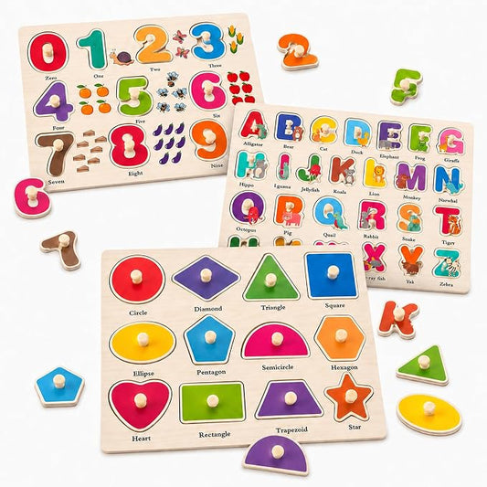 Wooden Peg Puzzles for Toddlers, 3 Pack Large Wooden Knob Puzzles for Ages 3-5, Montessori Shape Matching Toys, Preschool Learning Puzzles for Fine Motor Skills, Birthday Gifts for Boys Girls 3 4 5