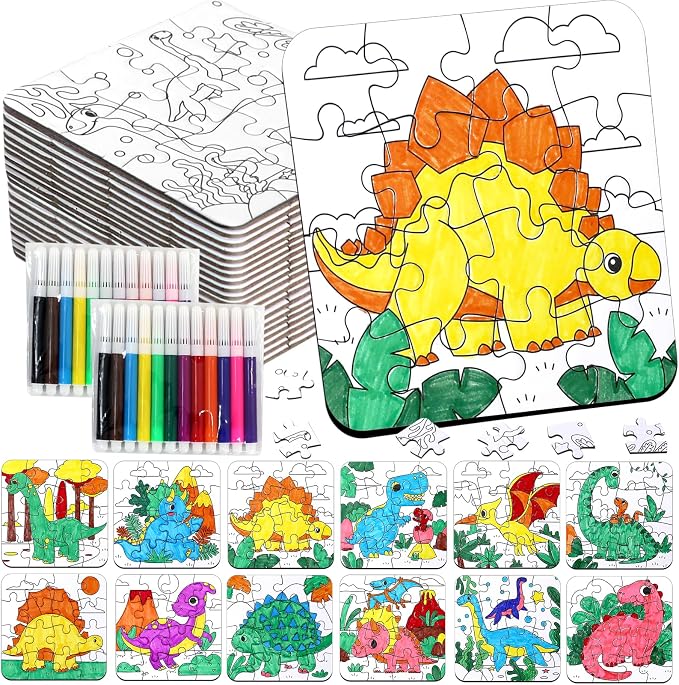Dinosaur Puzzles for Toddlers 2-4, Dinosaur Crafts DIY Art Activities Toys | 24 Set Color Your Own Craft Blank Jigsaw, Fall Classroom Gift for Kid Adult Birthday Party Favors Coloring Game Supplies Bulk