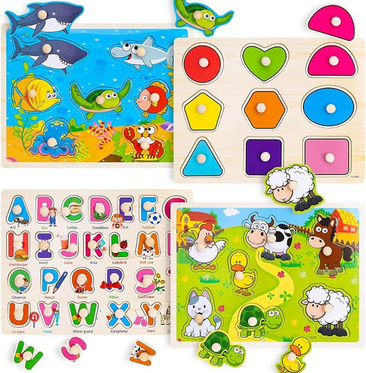 Wooden Peg Puzzles for Toddlers 3 4 Year Old, 4 Pack Montessori Toys Preschool Learning Puzzles for Toddlers with Animals, Shapes, Alphabet, Wooden Toddler Toys Gifts for Kids Boys Girls