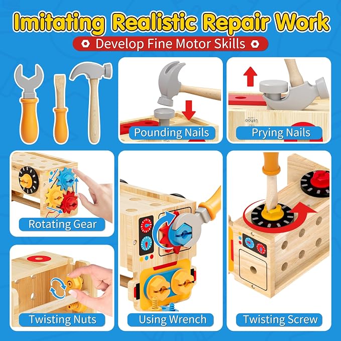 Lehoo Castle Montessori Kids Tool Set, Wooden Toddler Tool Set for Ages 2-4 | STEM Pretend Play Tool Box, Construction Toddler Tool Bench, Educational Learning Toys for 2 3 4 Year Old Boys Birthday Girls