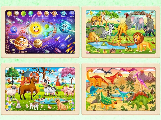 Wooden Puzzles for Kids Ages 4-6, 4 Pack 24 Pcs Toddler Puzzles Set for Ages 3-5, Early Educational Brain Teaser Toys Gift for Boys Girls 3 4 5 6 7 8 (Dinosaur, Space, Animal, Farm)