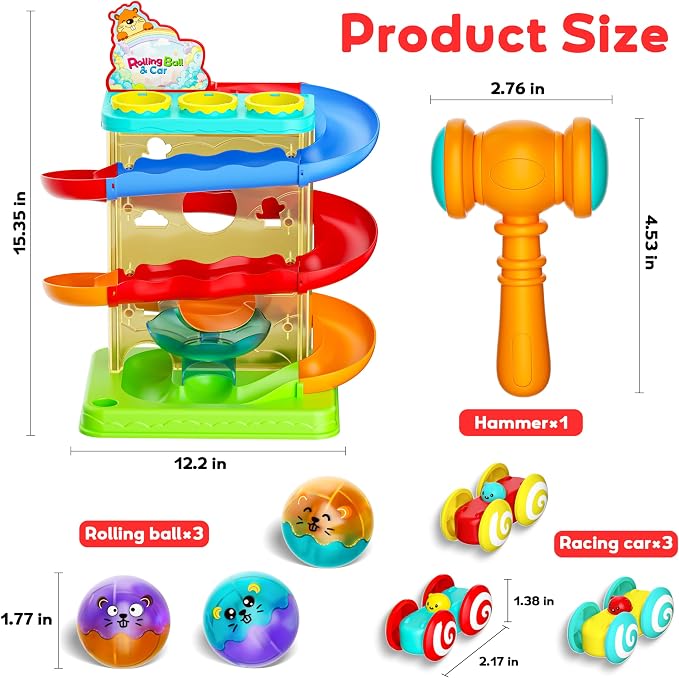 2-in-1 Ball Drop & Car Ramp Race Track Montessori Toy for Toddlers Ages 1-5 | Hammer Rolling Ball, Launch and Race Car-Cause and Effect Sensory STEM Learning Toys for 1-5 Year Old Boys & Girls