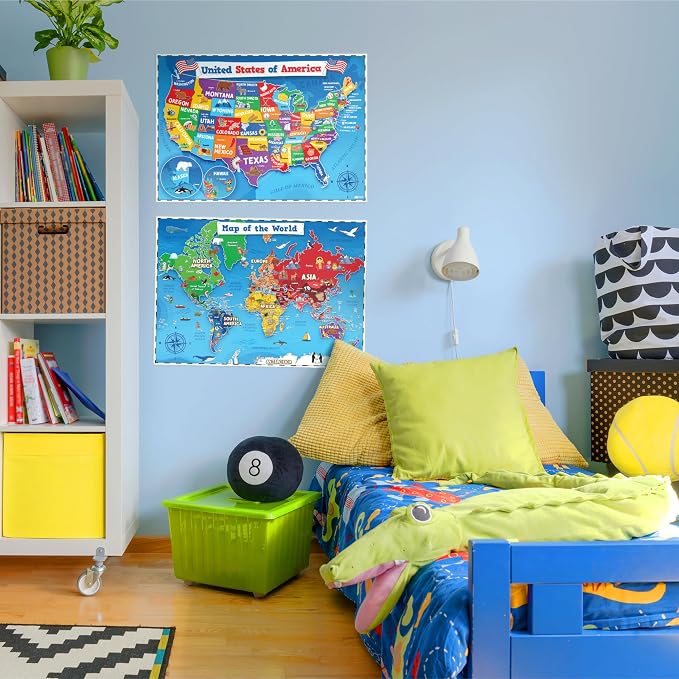 United States and World Map For Kids Classroom Posters 2pc Set - 24” x 16” Waterproof US and World Map for Classroom Decor Posters - Teacher Classroom Must Haves - Homeschool Back to School Supplies