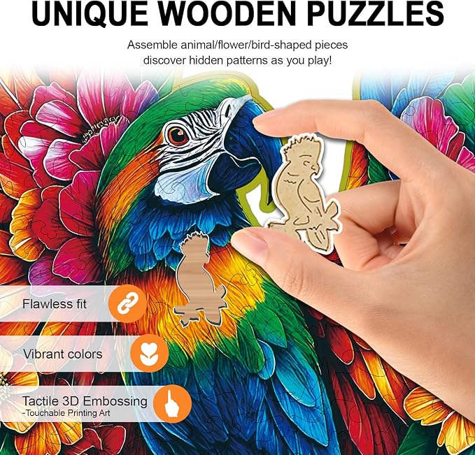 Wooden Puzzles for Adults Floral-Winged Parrot Puzzle - Laser-Cut Unique Shaped Stress Relief Jigsaw Puzzle, Wall Art Home Decor Gift for Family, Christmas Thanksgiving Gifts (14.9"×11.1" 200pcs)