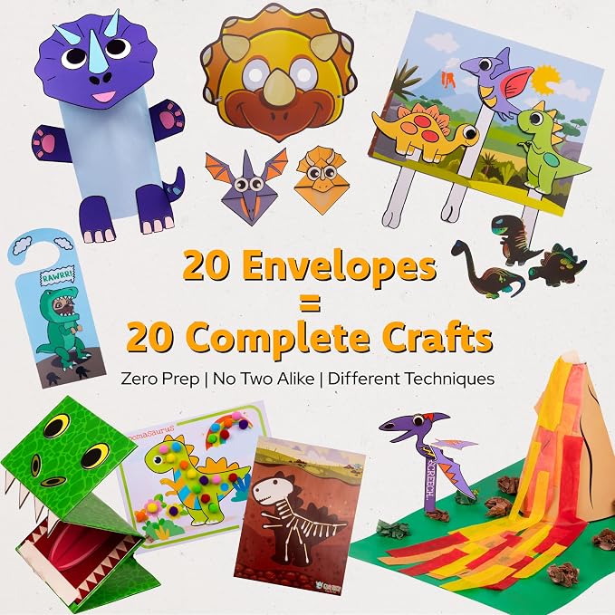 Craftikit® 20 Award-Winning Dinosaur Crafts for Kids - All-Inclusive Fun Dinosaur Crafts for Kids Ages 3-10 - Organized Toddler Craft Kit