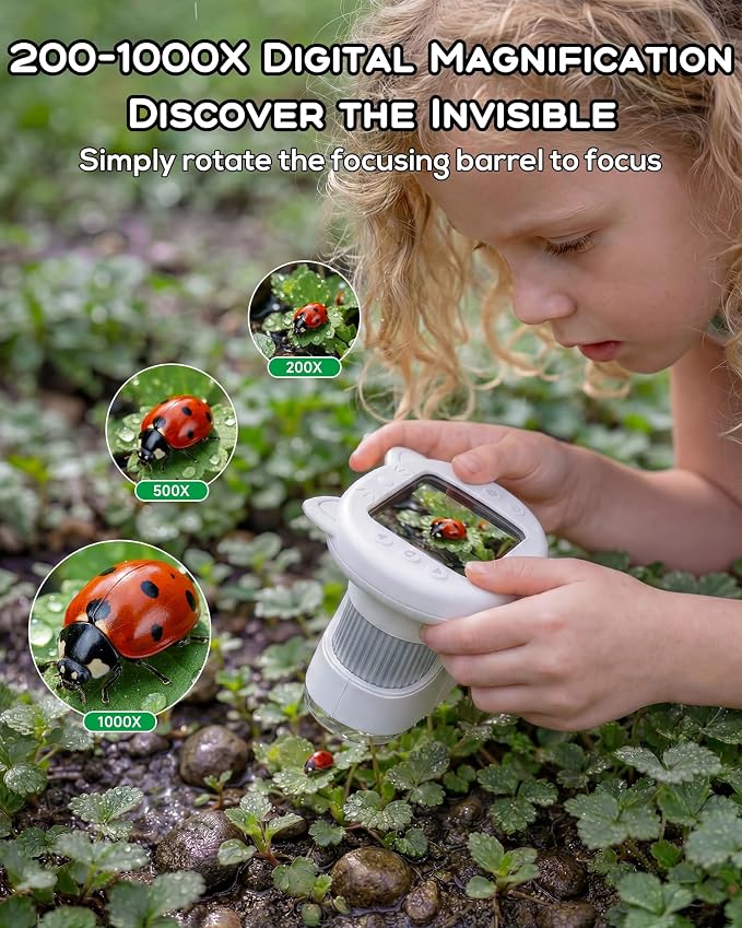 Kids Microscope 1000X Magnification, 4K Digital Handheld Pocket Microscope with 2.4", Rechargeable STEM Learning Science Kit Outdoor Exploration Toy Gift for Children Age 4-12,White