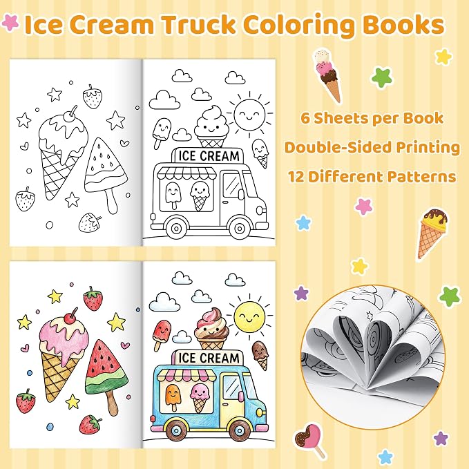 Dvbonike 24Pcs Ice Cream Truck Coloring Books - Summer Ice Cream Cone DIY Color-in Pages Booklet Bulk Drawing Frozen Dessert Holiday Party Favor Supplies for School Classroom Rewards Artwork Gift