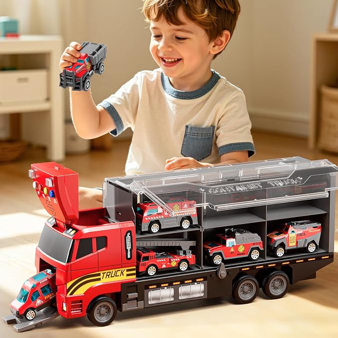 Carrier Truck Toddlers Toys for 3 4 5 6 7 Years Old Boys, Toy Truck Transport Car & Die-Cast Car and Play Mat, Fire Toys Birthday Gifts for Kids 3 4 5 6 7 8+ Years Old Boys Girls