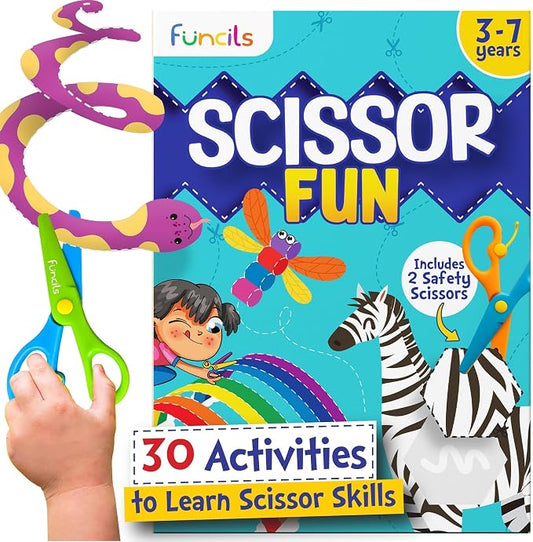 Funcils Toddler Scissor Skills Kit - Kids Safety Scissors, Fine Motor Toys | Art Supplies & Crafts for Kids, Montessori Gifts for Boys & Girls Ages 3 4 5 6 7 Year Old - Preschool Learning Activity Books