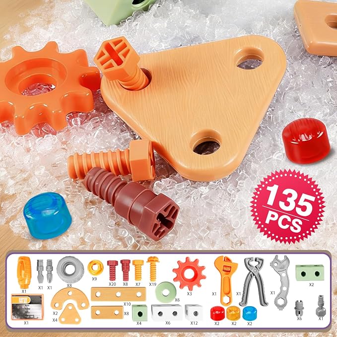 VEAIS Kids Tool Set,135Pcs Tool Set with Toolbox,Educational Montessori Toys,STEM Pretend Play Construction Toys for 3 4 5 Year Old,ABS Plastic Repair Toolkit for 3-6 Year Old Boy,Best Birthday Gift