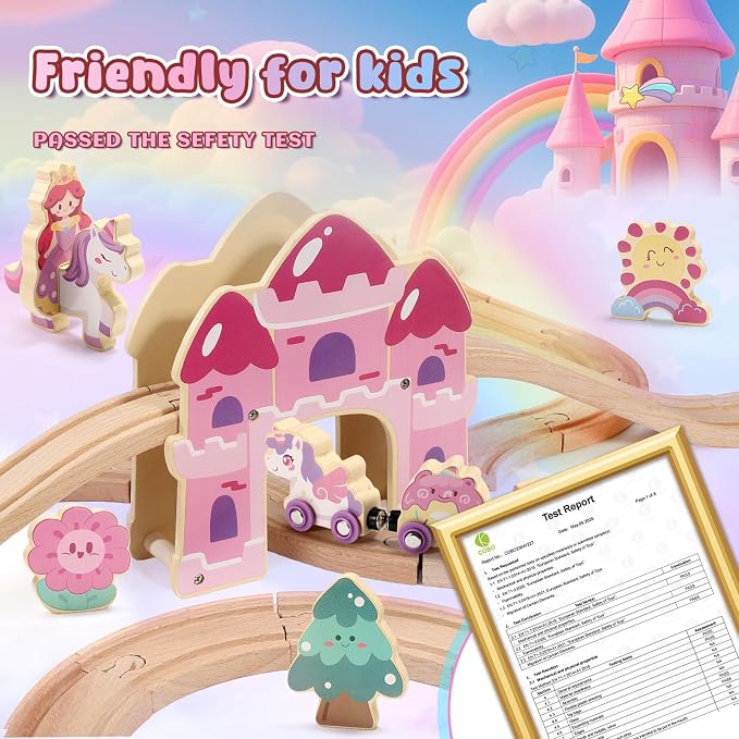 Unicorn Wooden Train Set for Girl 3-5, Birthday Gifts Toys for 2 3 4 5 6 Year Old Toddler Girls, Learning Gift Toy for Toddlers Kids Age 2-4, 32PCS Princess Castle Train Track Sets with Storage Box