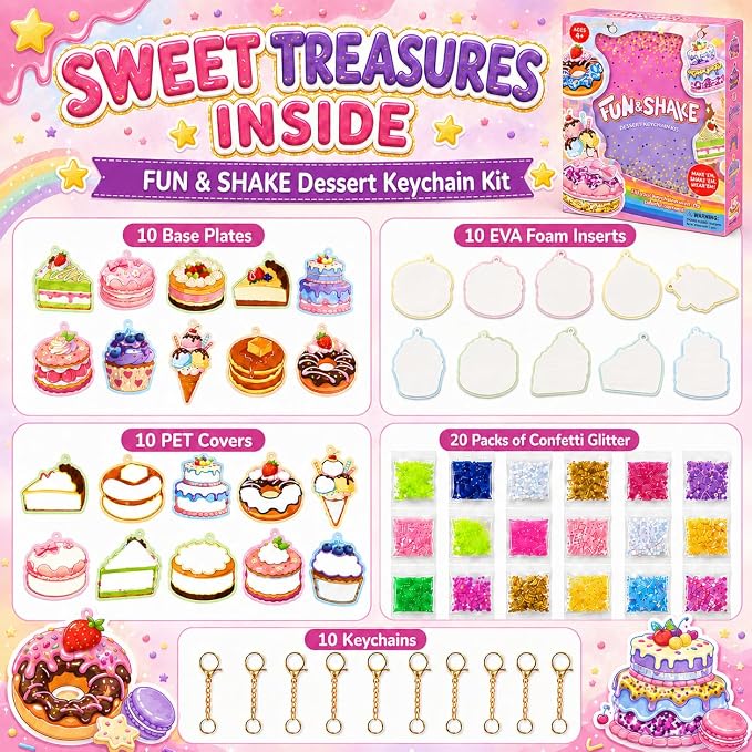 DIY Glitter Craft Kit with Keychains - Mess-Free Arts and Crafts for Kids Ages 4-8, Fun Shake-It Activity, Creative Travel Toys, Party Favors & Birthday Gifts for Girls 4-9
