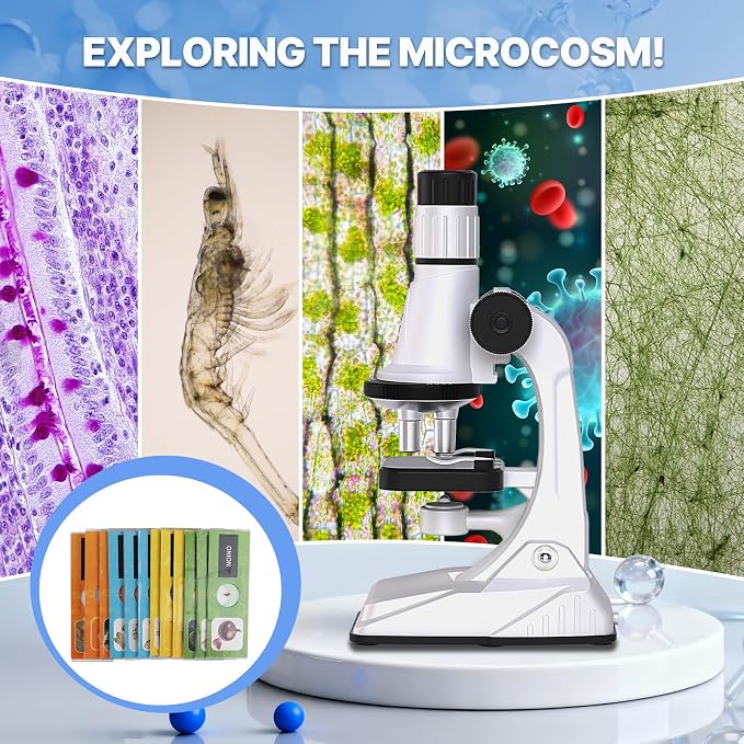Kids Microscope Kit with Blank and Prepared Slides | 61 PCS Science Kit 100X-1200X with LED Light,Phone Holder, Carrying Box, STEM Project Toy, Educational Gift for Ages 6-12