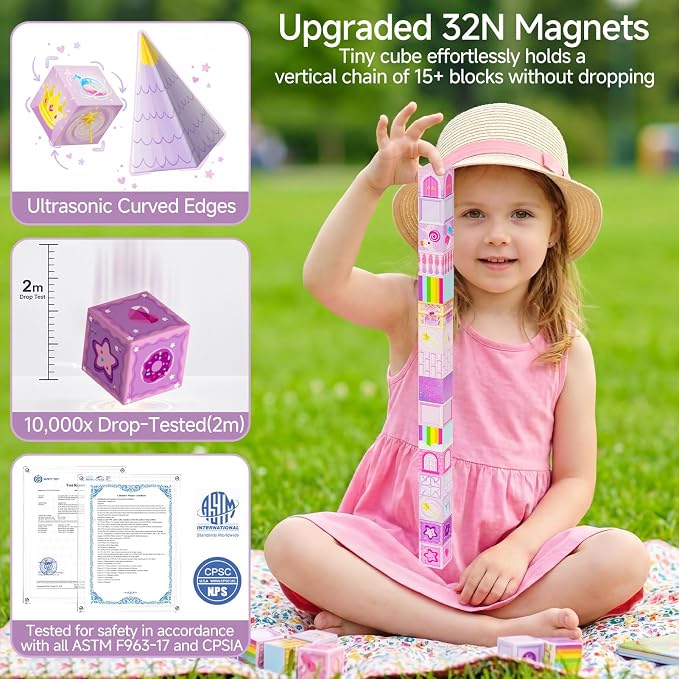 burgkidz Magnetic Blocks Girls Travel: Unicorn Patent Pending Cones & Wands | 48PCS, Ultra-Lightweight 12.5Oz, N32 Magnets 35-45dB Quiet 45s Cleanup - Airplane Car Activities Ages 3-8