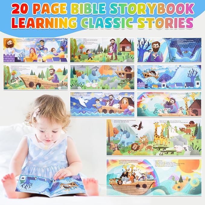 ATOYUS Wooden Noah's Ark Toy for 2+ Year Old Kids Boy and Girl Baptism Gift | Montessori Educational Toy with Animal Shape Sorter, Christian Bible Story Book for Kids Ages 2-4, Christmas Birthday Gifts