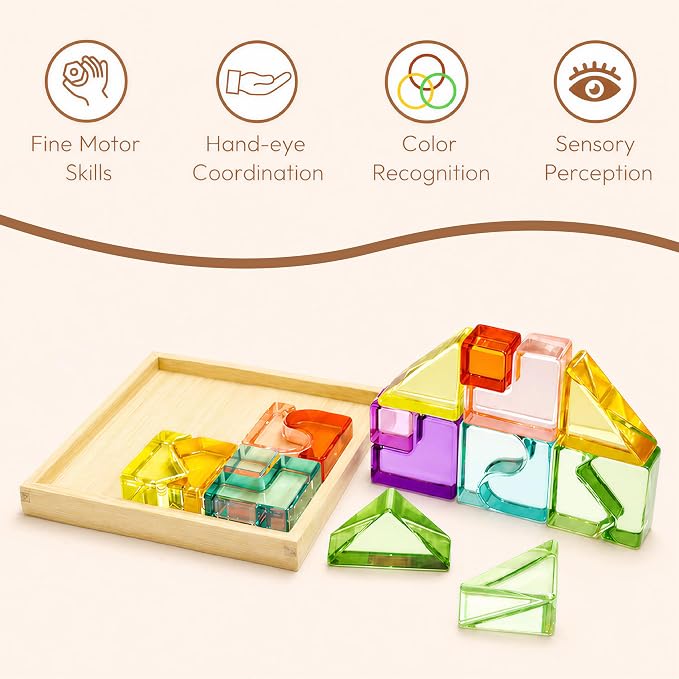 Rainbow Building Blocks for Kids, Montessori Color Matching Block Toys 3-6 | 18 PCS Acrylic Color Sorting Game, Montessori Stacking Toy for 3 4 5 6 Year Old,Educational STEM Creative Toys for Boy Girl