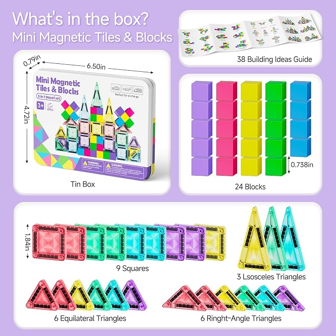 Magnetic Tiles Travel Toys Kids: 48PCS 3-in-1 Journey Blocks Set | Dual-Base Tin Holds 600+ Builds 120 Mins Focus 60s Cleanup - Quiet STEM Car Airplane Games for Toddlers Boys Girls Ages 3-8