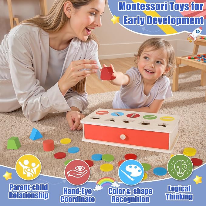Wooden Color Shape Sorting Matching Toys, Shape Sorters for Toddlers | Fine Motor Skills Early Learning Montessori Toys, Gift for 3 4 5 6 Year Old Boy Girl Kid Gifts