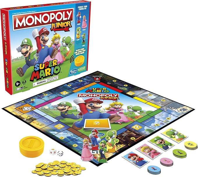 Monopoly Junior Super Mario Edition Board Game, Fun Kids' Ages 5 and Up, Explore The Mushroom Kingdom as Mario, Peach, Yoshi, or Luigi (Amazon Exclusive)