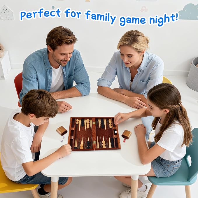 Offelec Wooden Backgammon Set for Kids, 13 Inches Backgammon Board Game Set with 32 Backgammon Pieces, 5 Dice & 2 Cups - Classic Strategy Game for Kids Adults and Family
