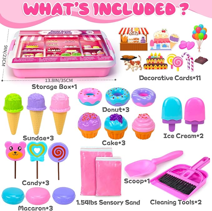 Ice Cream Sensory Bins, Play Sand Kit Sandbox Sand Toys for Kids Ages 3 4-8 | Sand Toys Set with Magic Sand, Ice Cream Toys Molds and Cleaning Tools Sandbox with Lid Sand Art Kits for Kids Birthday Gift