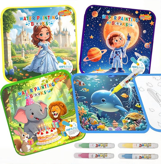 Bresdim Water Coloring Book, 4 Pack Water Painting Books for Toddlers 1-3 | Reusable Fairy Tale Animal Mess Free Coloring Book with Water Pen, Magic Paint with Water Book Travel Toy for Kid 3–6
