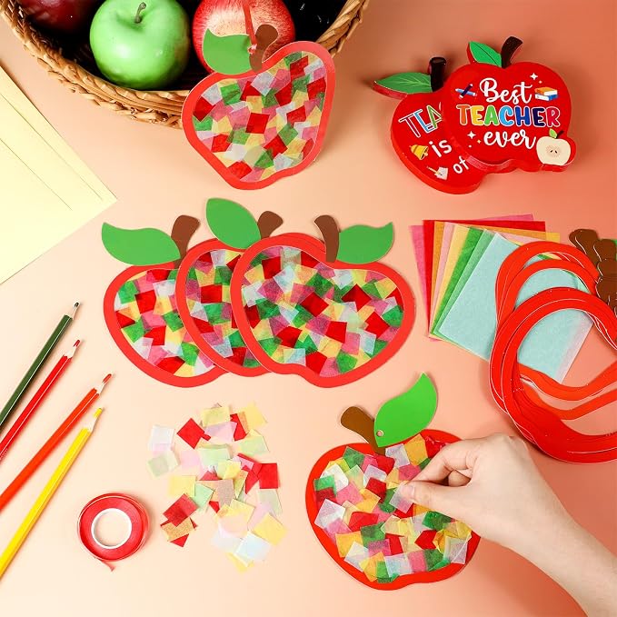 Qyeahkj 36 Set Fall Apple Suncatchers Crafts for DIY Autumn Apple Window Tissue Paper Craft Kit Hanging Decor for Back to Home Activity Art Project Birthday Party Favor Gift