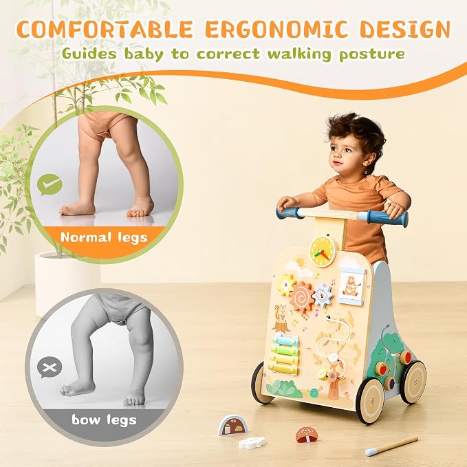 Baby Walker with 7-in-1 Montessori Activity Center for Toddlers | Wooden Baby Walker with Wheels Includes Montessori Sensory Toys and Activity Center 6-18 Months for Boys and Girls