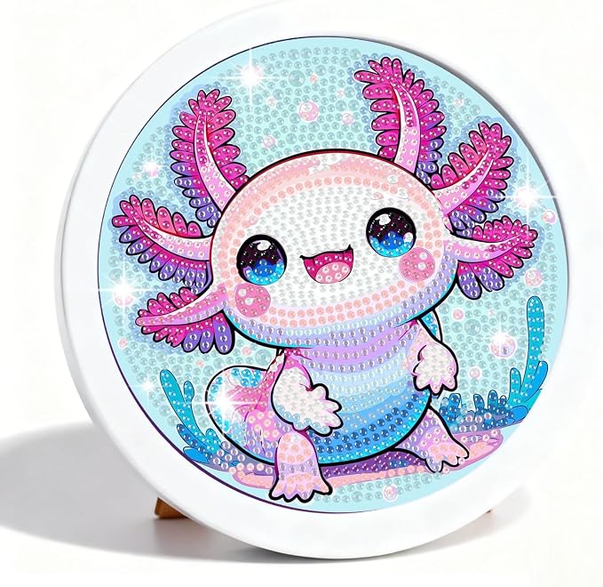 Gemozaic Axolotl Diamond Art Kits for Kids Ages 8-12, Round Frame, 8 x 8 in | Cute Animal Diamond Art for Kids 8 9 10 12 Year Old, Easy Kid Gem Painting, Amphibians Arts and Crafts for Girl Birthday Gift