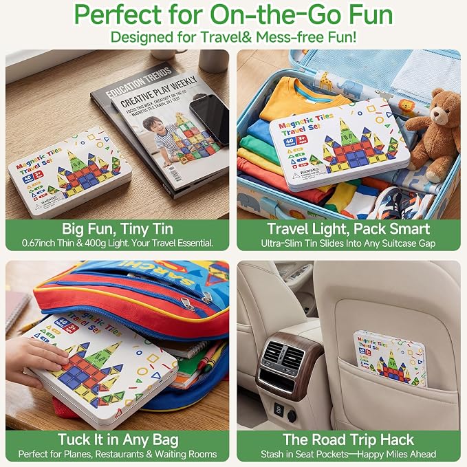 Mini Magnetic Tiles for Kids Travel 60 Mins Quiet Play 30s Cleanup | 40 PCS Cartoon Tin Box Magnet Building Blocks to Stop Crying - Birthday Gift Boys Girls Age 3-8
