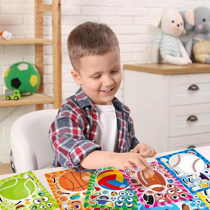24 Sheets Make a Face Sport Ball Stickers for Kids Party Favors | Make Your Own Sport Stickers Birthday Decorations Supplies, Toddlers Crafts Activities Gifts Goodie Bags Stuffers