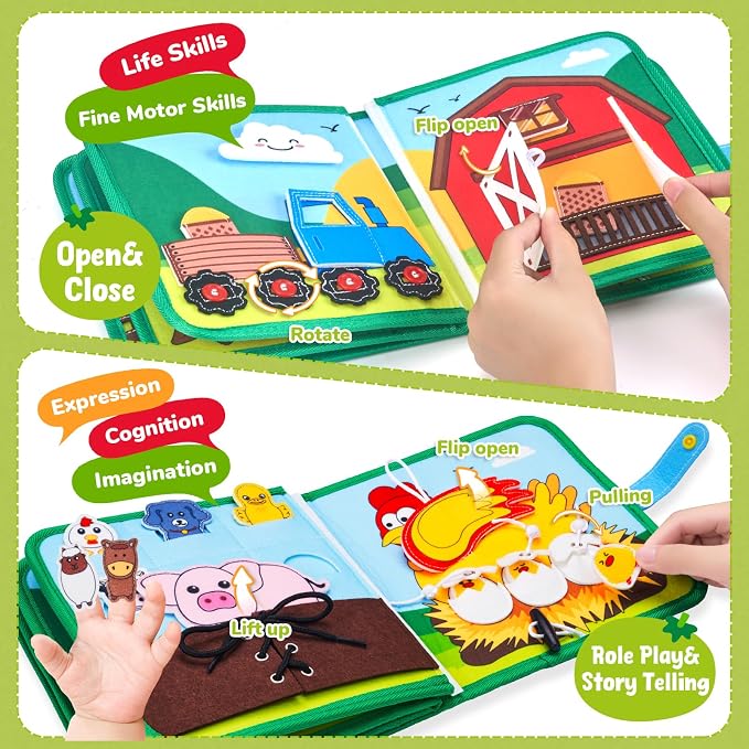 JoyCat Farm Busy Book for Toddlers 1-3, Montessori Quiet Book 15 Activities | 15 daily life activities in a farm busy book encourage hands-on learning, fine motor skills and screen-free play at home