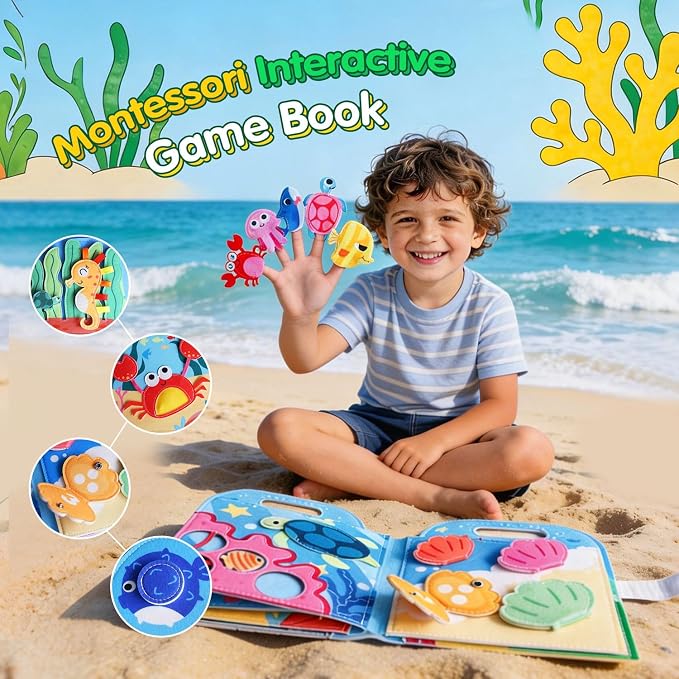 Travel Toys for Toddlers,Ocean Busy Book for Toddlers 1-3, Felt Activity Book, Busy Board for 1 Year Old Girls Montessori Toys, Quiet Book FineMotor Skills Learning Toys,Gifts for Children